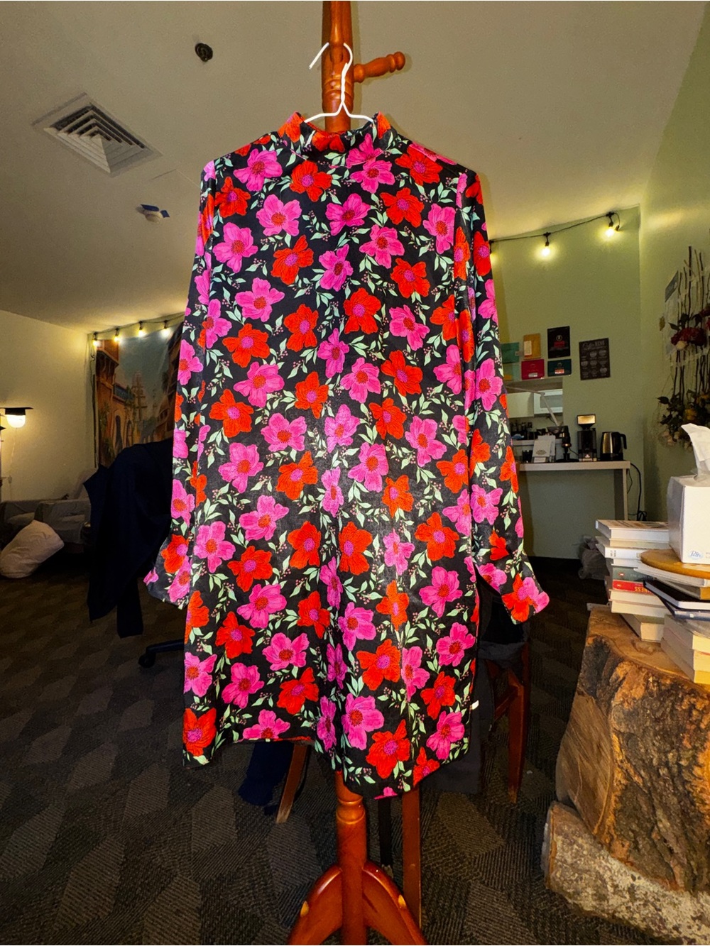 Mango Vintage Style Black Mini Dress with Chic Pink and Red Floral Print
